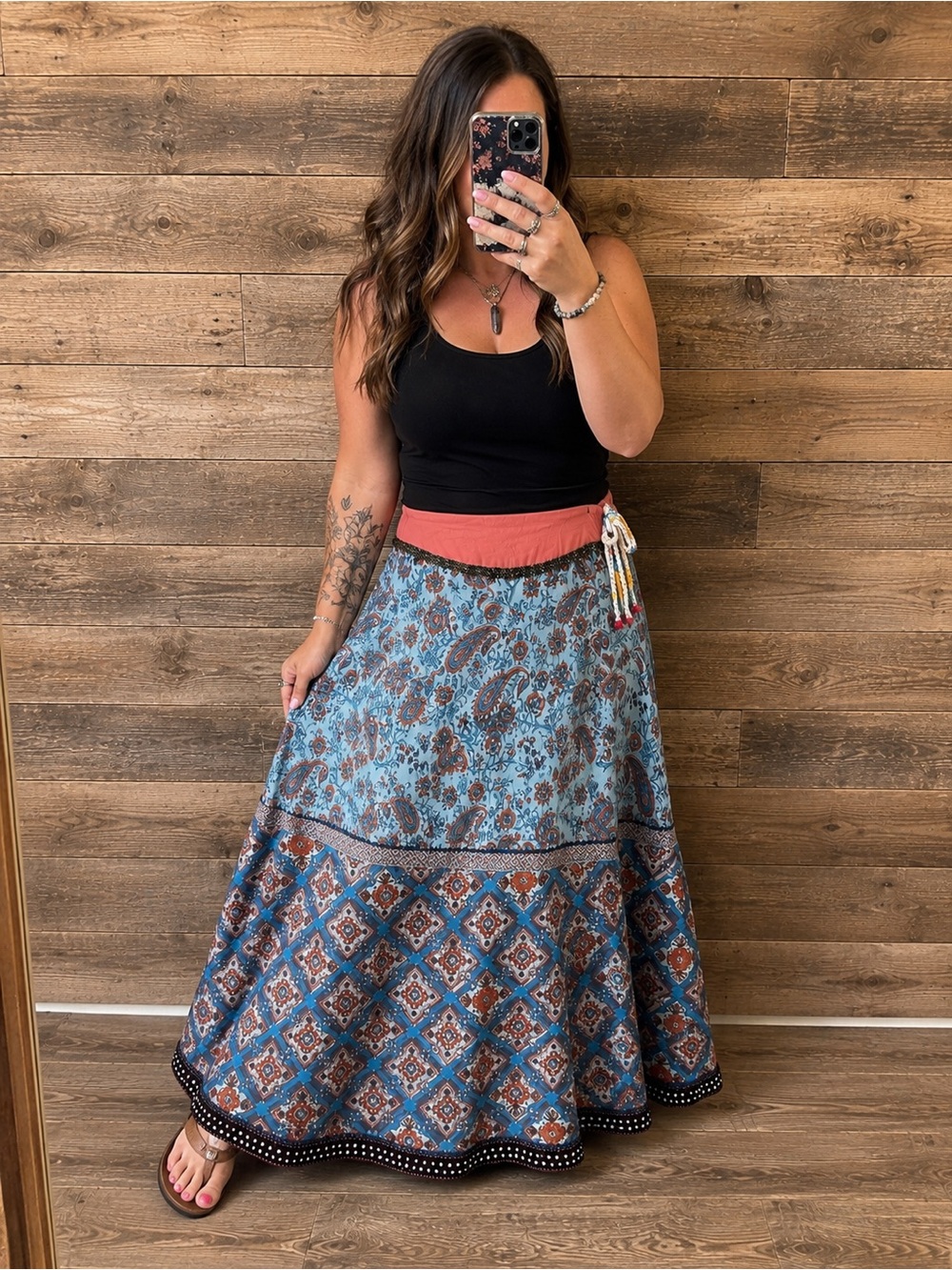 Boho Maxi Skirt with Mixed Blue Paisley and Tile Print